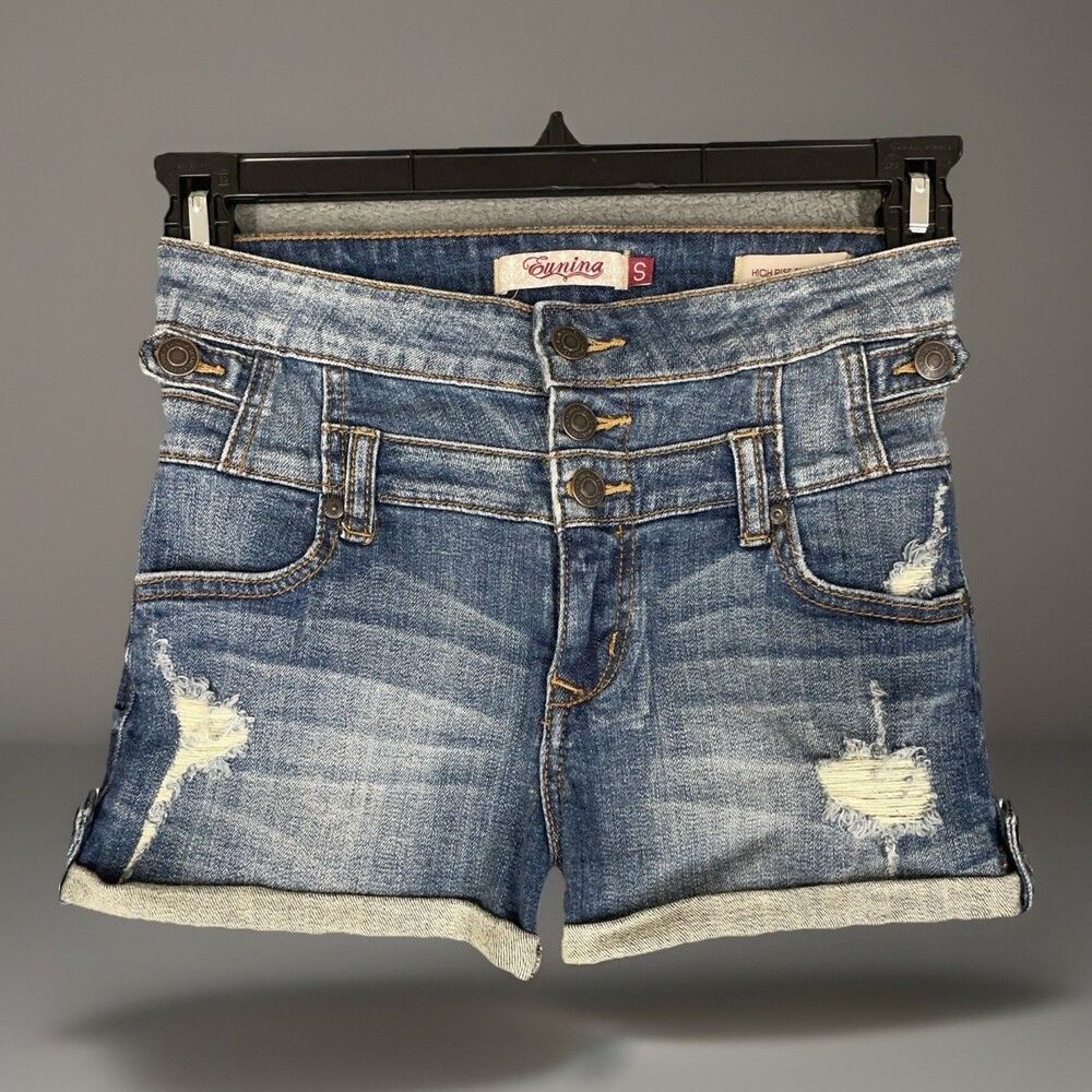 Eunina Denim Shorts Womens Size S High Rise Shortie Button Fly Distressed Cuffed